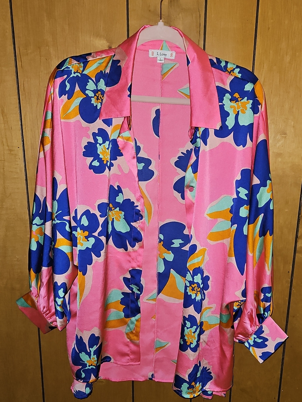 I Love Pink Floral Satin Blouse